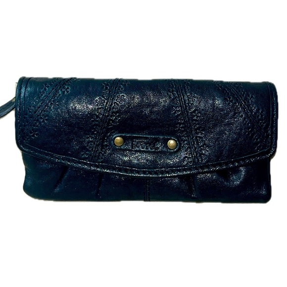 NWT Fossil Talita Flap Clutch Blk Leather Etched Embroidered Wallet Floral Liner - Picture 6 of 13